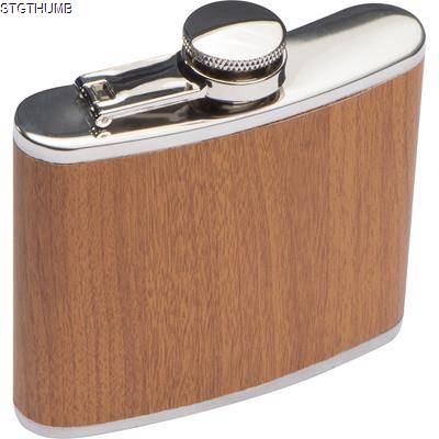 Picture of STAINLESS STEEL METAL HIP FLASK with Wood Coating in Brown.