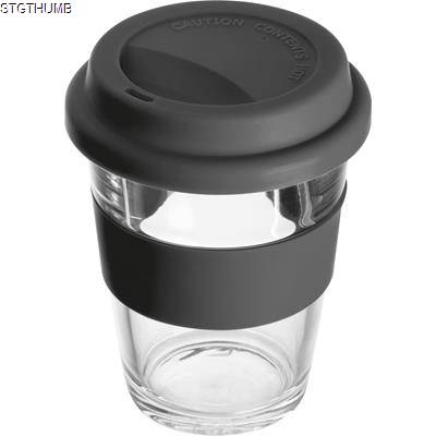 Picture of GLASS MUG with Silicon Sleeve & Lid in Black.