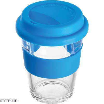 Picture of GLASS MUG with Silicon Sleeve & Lid in Blue.