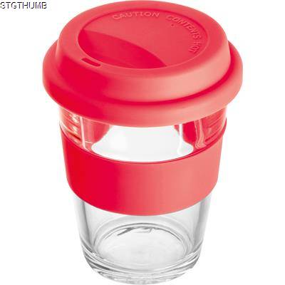 Picture of GLASS MUG with Silicon Sleeve & Lid in Red.