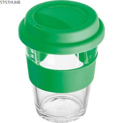 Picture of GLASS MUG with Silicon Sleeve & Lid in Green.