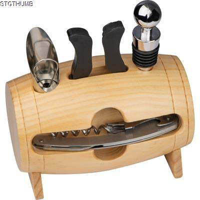 Picture of WINE SET in Wood Barrel in Brown.