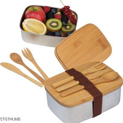 Picture of SPACIOUS STAINLESS STEEL METAL LUNCH BOX with Bamboo Lid in Beige