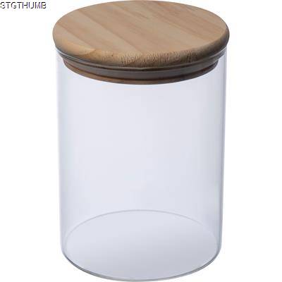 Picture of BOROSILICATE GLASS JAR with Pine Wood Lid, 700 Ml in Clear Transparent.