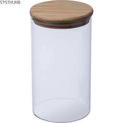 Picture of BOROSILICATE GLASS JAR with Pine Wood Lid, 1000 Ml in Clear Transparent.