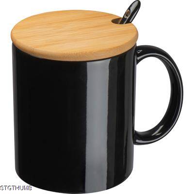 Picture of CERAMIC POTTERY MUG with Spoon & Bamboo Lid in Black