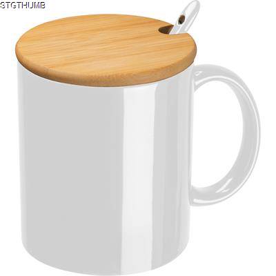 Picture of CERAMIC POTTERY MUG with Spoon & Bamboo Lid in White.