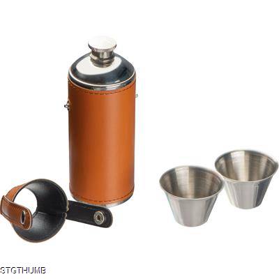 Picture of STAINLESS STEEL METAL HIP FLASK with 2 Pins in Brown.