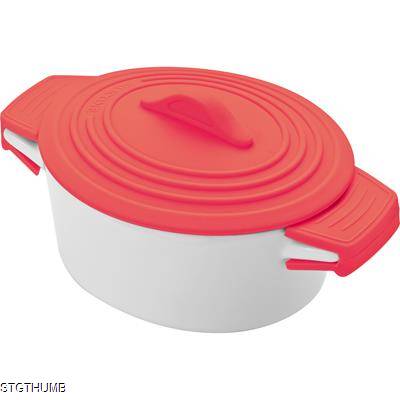 Picture of PORCELAIN FOOD POT with Silicon Lid & Heat Protected Handles in Red.