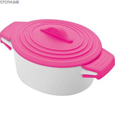 Picture of PORCELAIN FOOD POT with Silicon Lid & Heat Protected Handles in Pink.