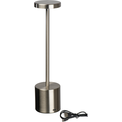 Picture of STAINLESS STEEL METAL TABLE LAMP with Rechargeable Battery in Silvergrey.