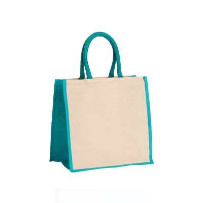 Picture of AMAZON JUTE & JUCO REUSABLE SHOPPER TOTE BAG with Teal Handles & Gusset