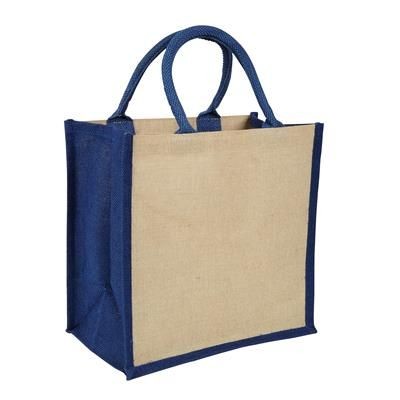 Picture of AMAZON JUTE & JUCO REUSABLE SHOPPER TOTE BAG with Navy Handles & Gusset.