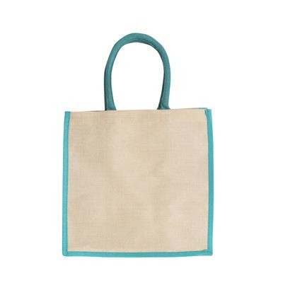 Picture of AMAZON JUTE & JUCO REUSABLE SHOPPER TOTE BAG with Teal Handles & Gusset.