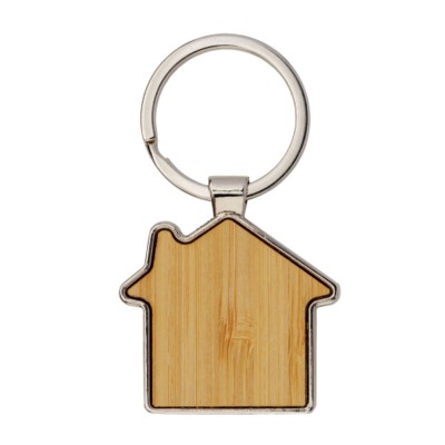 Picture of ECO BAMBOO AND METAL HOUSE SHAPE KEYRING