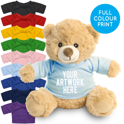 Picture of PRINTED 20CM HONEY CATHERINE BEAR - BABY BLUE TEE SHIRT