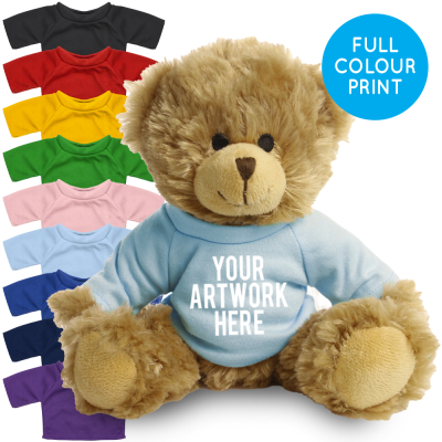 Picture of PRINTED 20CM CHARLES JOINTED BEAR - BABY BLUE TEE SHIRT.