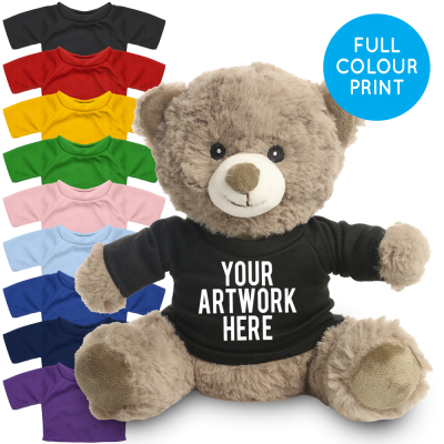 Picture of PRINTED 20CM MOCHA CATHERINE BEAR - BLACK TEE SHIRT