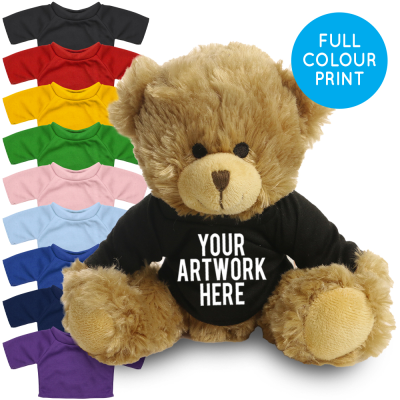 Picture of PRINTED 20CM CHARLES JOINTED BEAR with Black Tee Shirt.