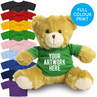 Picture of PRINTED 25CM ELIZABETH BEAR - GREEN TEE SHIRT.