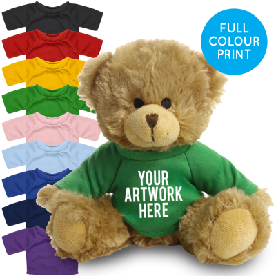 Picture of PRINTED 20CM CHARLES JOINTED BEAR - GREEN TEE SHIRT.