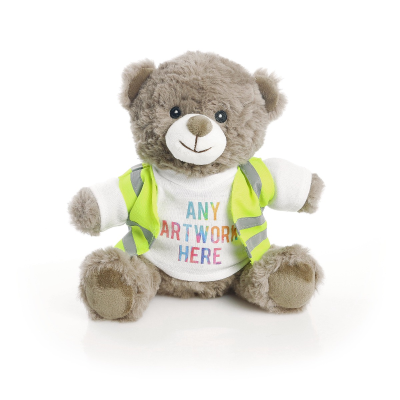 Picture of PRINTED ECO 20CM MOCHA CATHERINE BEAR with Yellow Hi Vis Vest