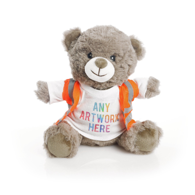 Picture of PRINTED ECO 20CM MOCHA CATHERINE BEAR with Orange Hi Vis Vest