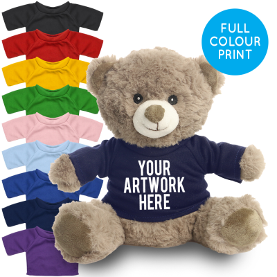 Picture of PRINTED 20CM MOCHA CATHERINE BEAR - NAVY TEE SHIRT