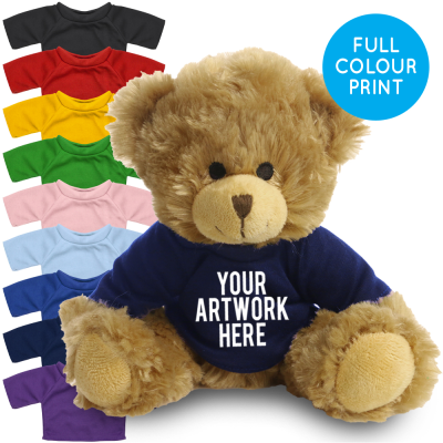 Picture of PRINTED 20CM CHARLES JOINTED BEAR - PURPLE TEE SHIRT.