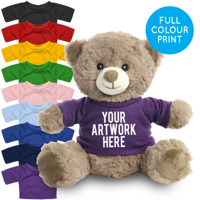 Picture of PRINTED 20CM MOCHA CATHERINE BEAR - PURPLE TEE SHIRT