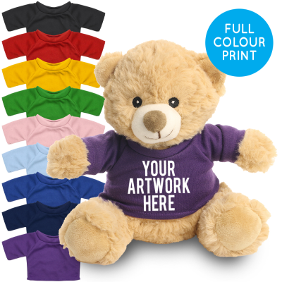 Picture of PRINTED 20CM HONEY CATHERINE BEAR - PURPLE TEE SHIRT