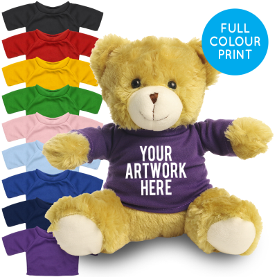 Picture of PRINTED 25CM ELIZABETH BEAR - PURPLE TEE SHIRT.