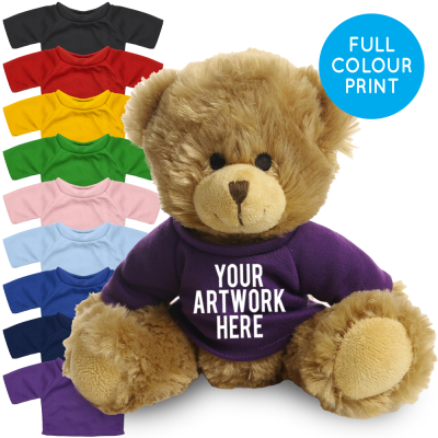 Picture of PRINTED 20CM CHARLES JOINTED BEAR - PURPLE TEE SHIRT.