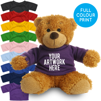 Picture of PRINTED 17CM ANNE BEAR - PURPLE TEE SHIRT.
