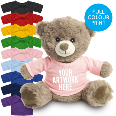 Picture of PRINTED 20CM MOCHA CATHERINE BEAR - PINK TEE SHIRT