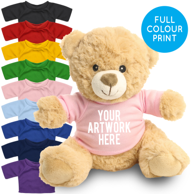 Picture of PRINTED 20CM HONEY CATHERINE BEAR - PINK TEE SHIRT