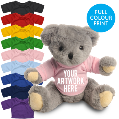 Picture of PRINTED 20CM ARCHIE BEAR - BABY PINK TEE SHIRT