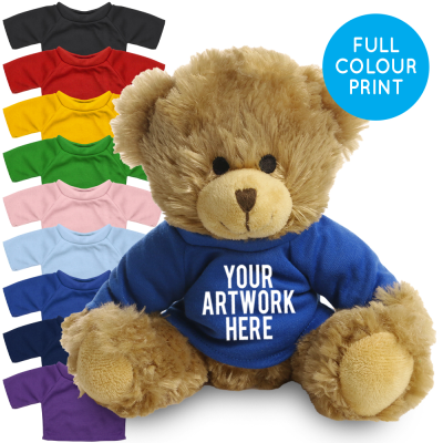 Picture of PRINTED 20CM CHARLES JOINTED BEAR - ROYAL BLUE TEE SHIRT.