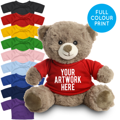 Picture of PRINTED 20CM MOCHA CATHERINE BEAR - RED TEE SHIRT