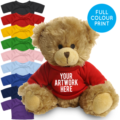 Picture of PRINTED 20CM CHARLES JOINTED BEAR - RED TEE SHIRT.
