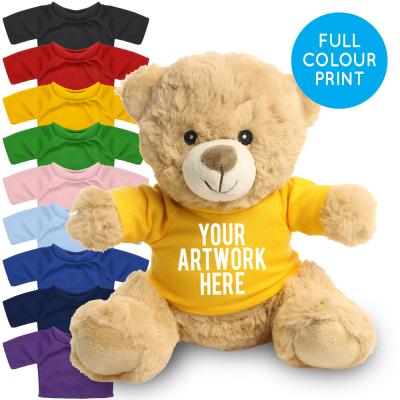 Picture of PRINTED 20CM HONEY CATHERINE BEAR - YELLOW TEE SHIRT