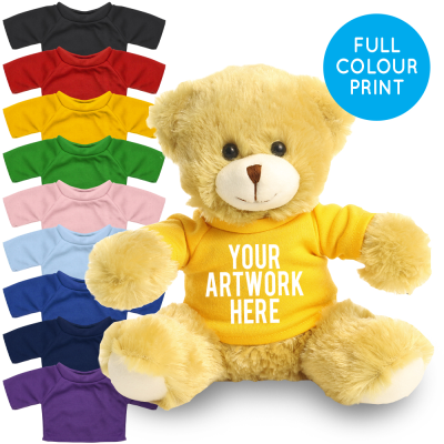 Picture of PRINTED 20CM ELIZABETH BEAR - YELLOW TEE SHIRT.