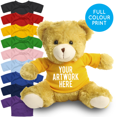 Picture of PRINTED 25CM ELIZABETH BEAR - YELLOW TEE SHIRT.
