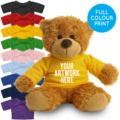 Picture of PRINTED 17CM ANNE BEAR - YELLOW TEE SHIRT.