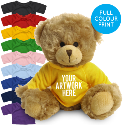 Picture of PRINTED 20CM CHARLES JOINTED BEAR - YELLOW TEE SHIRT.