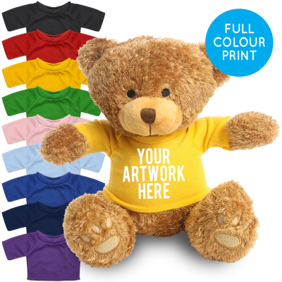 Picture of PRINTED BROWN 22CM EDWARD BEAR - YELLOW TEE SHIRT.