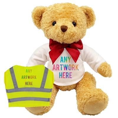 Picture of PRINTED PROMOTIONAL SOFT TOY WILLIAM TEDDY BEAR with Hi-vis Vest AND RED RIBBON.