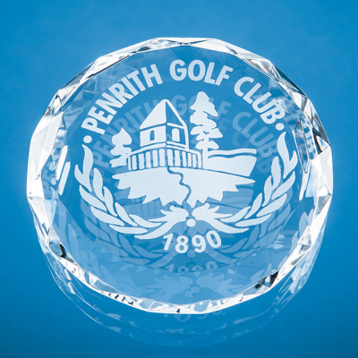 Picture of 8CM OPTICAL CRYSTAL FACET CIRCLE PAPERWEIGHT.