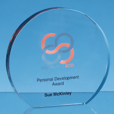 CLEAR TRANSPARENT GLASS FREESTANDING CIRCLE AWARD.