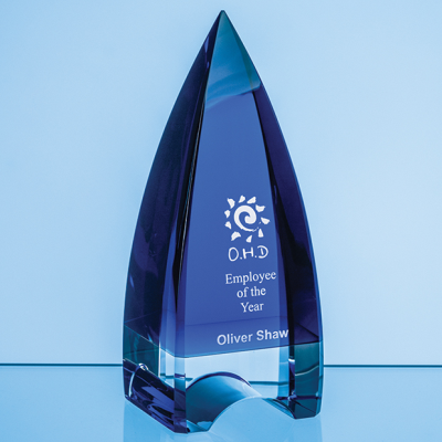 Picture of 18CM COBALT BLUE & CLEAR TRANSPARENT OPTICAL CRYSTAL PINNACLE AWARD.